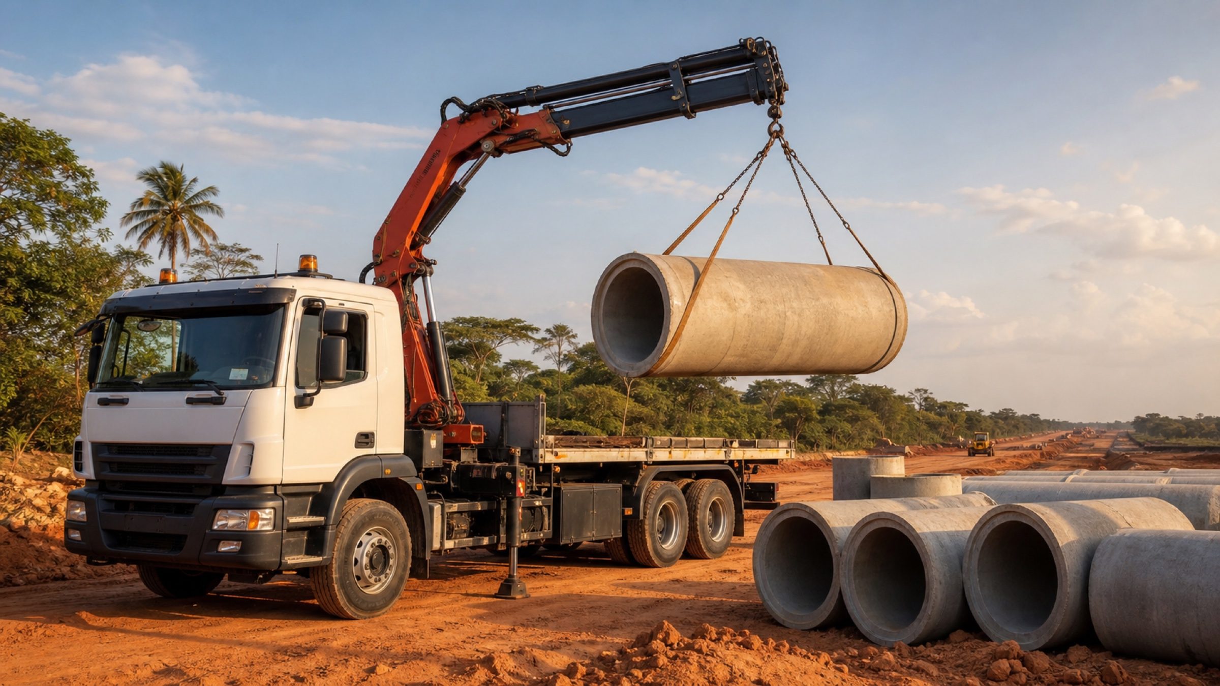 Camion-grue soulevant une buse en béton sur chantier
