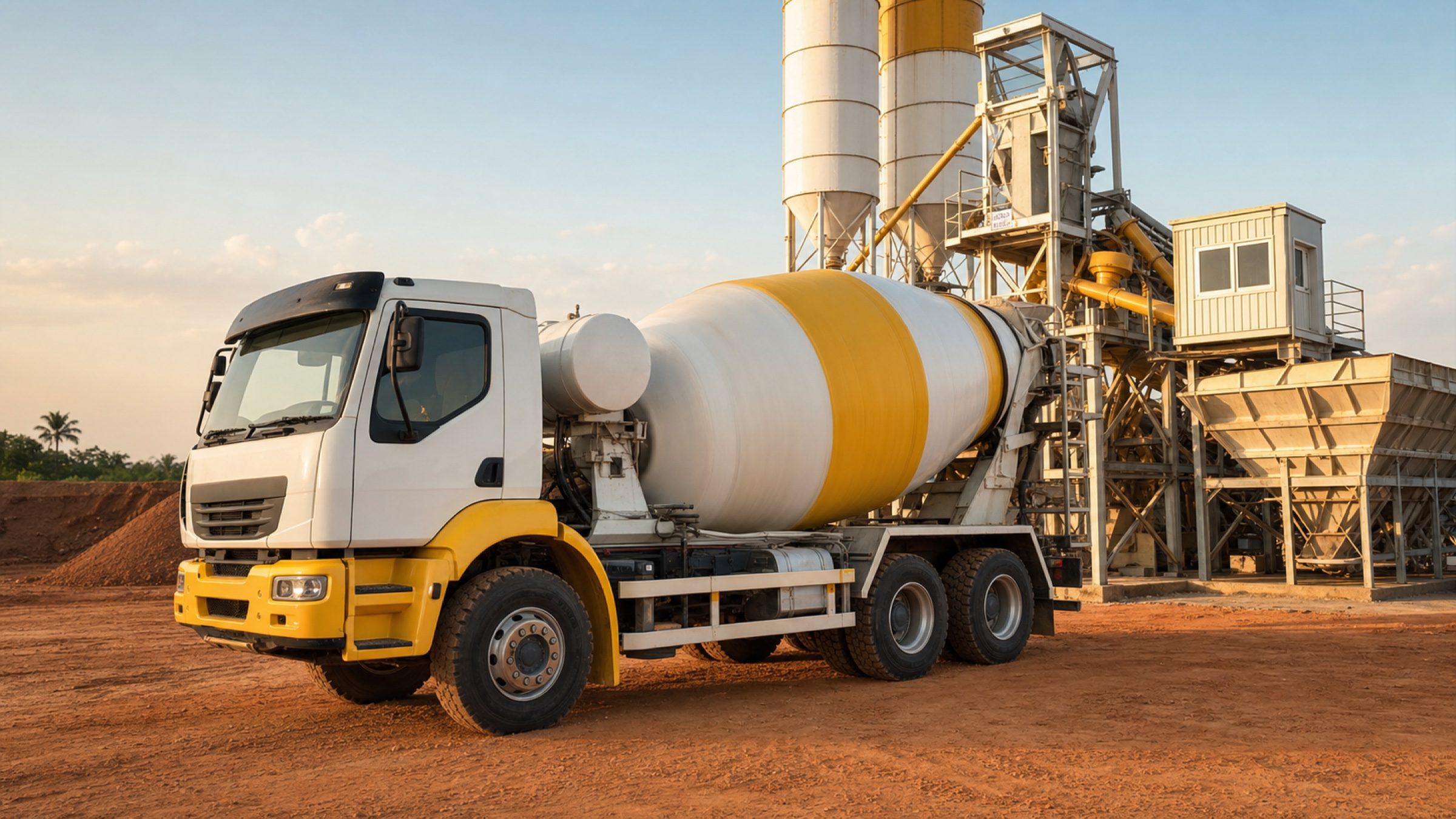 Camion toupie devant une centrale à béton