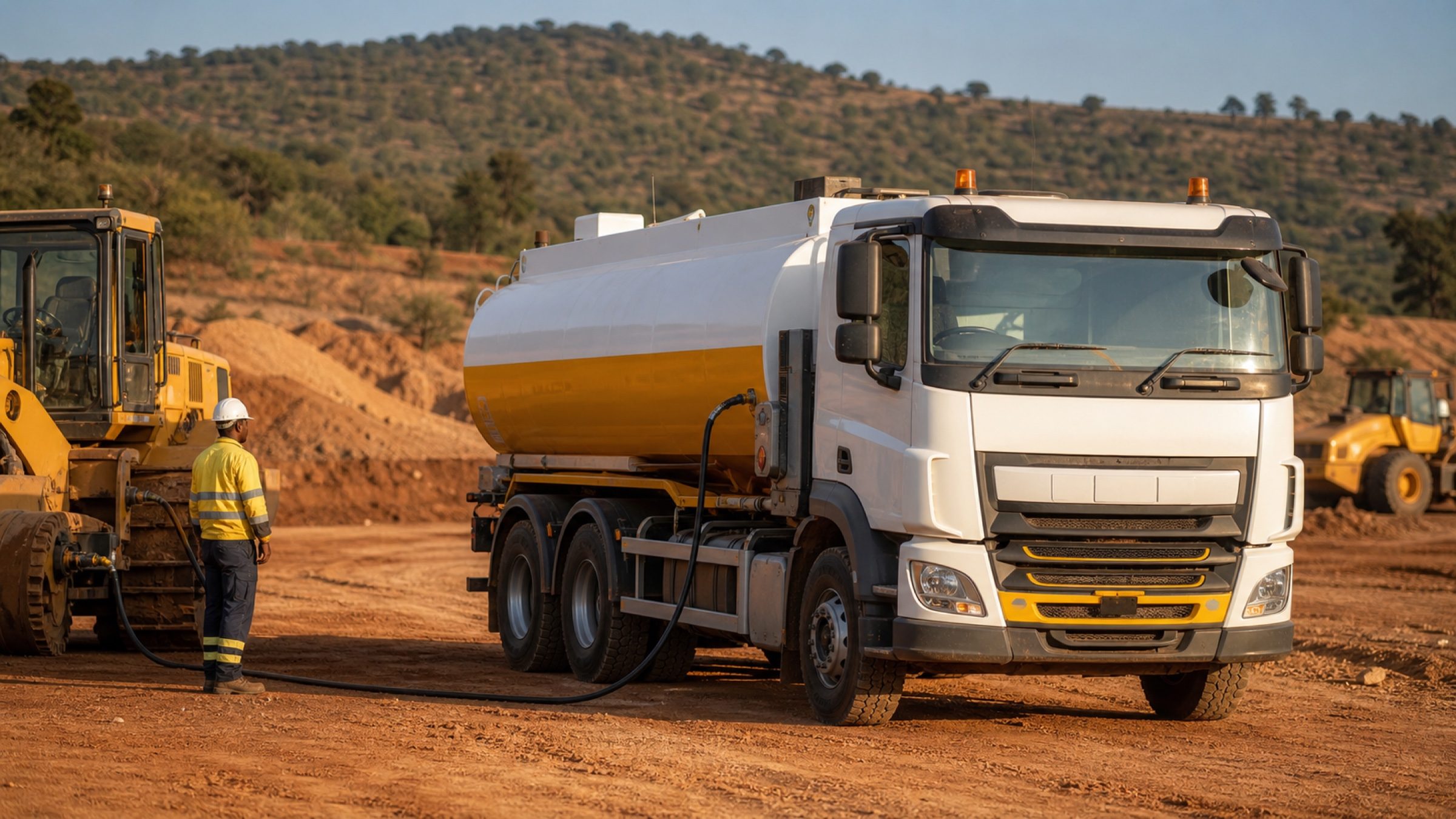 Citerne à carburant ravitaillant un engin sur chantier