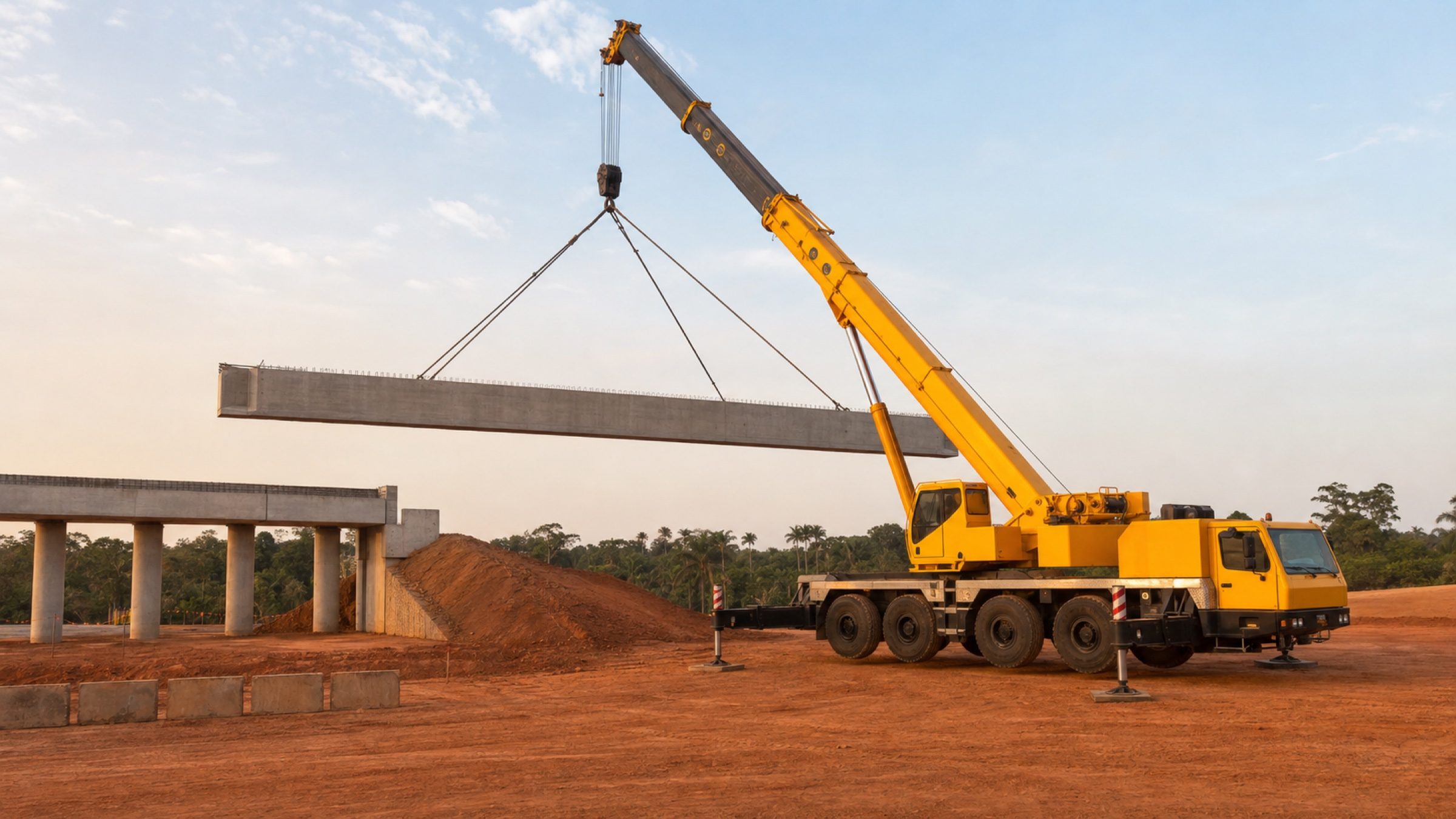 Grue mobile levant une poutre de pont