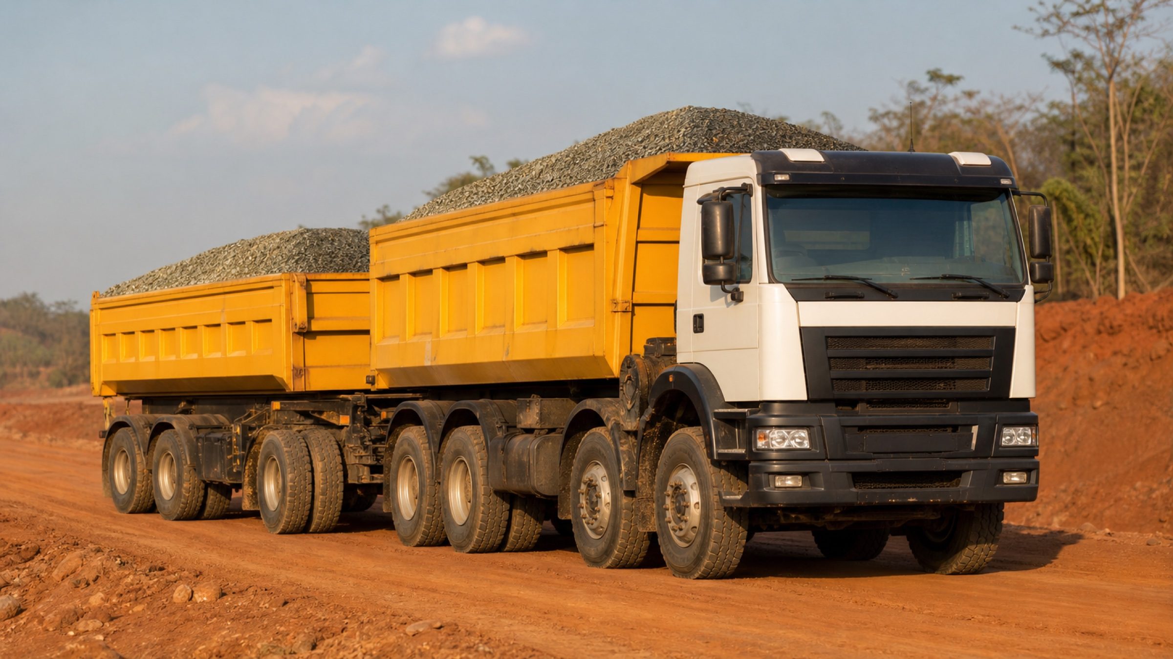 Camion remorque benne chargé de graviers sur une piste latéritique