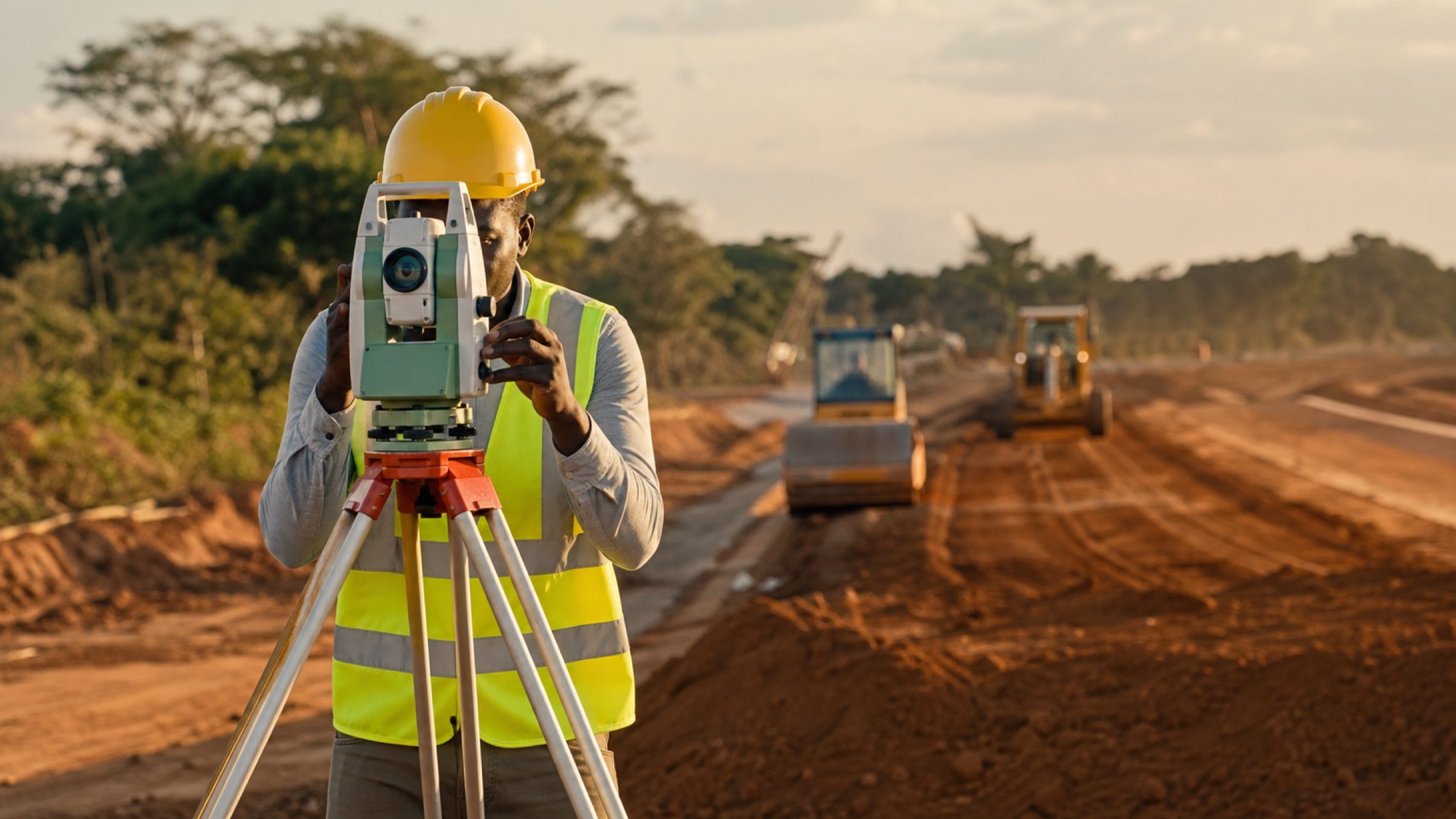 Géomètre utilisant une station topographique sur un chantier routier